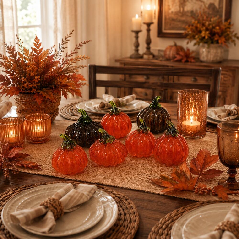 Lot of 6 Blown Glass Pumpkins Halloween Fall Thanksgiving Decor Orange Brown